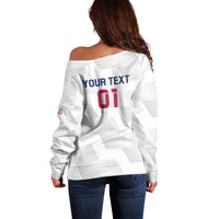 Women’s off-shoulder rugby sweater, white striped knit, back text and long sleeves