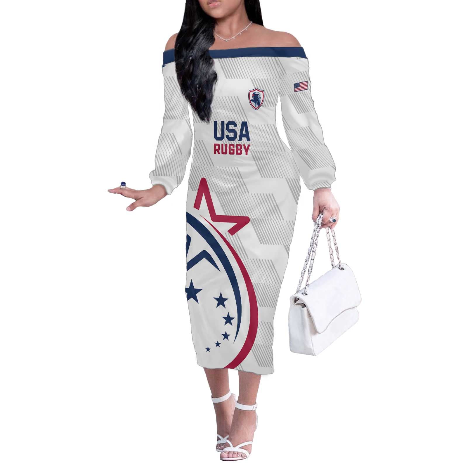 USA 2024 Rugby Off The Shoulder Long Sleeve Dress Soar Like an Eagle White Version - Wonder Print Shop