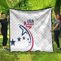 White USA Rugby quilt spread outdoors, quilted diamond pattern with large crest