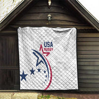 White USA Rugby quilt on porch, quilted pattern with blue red USA Rugby logo