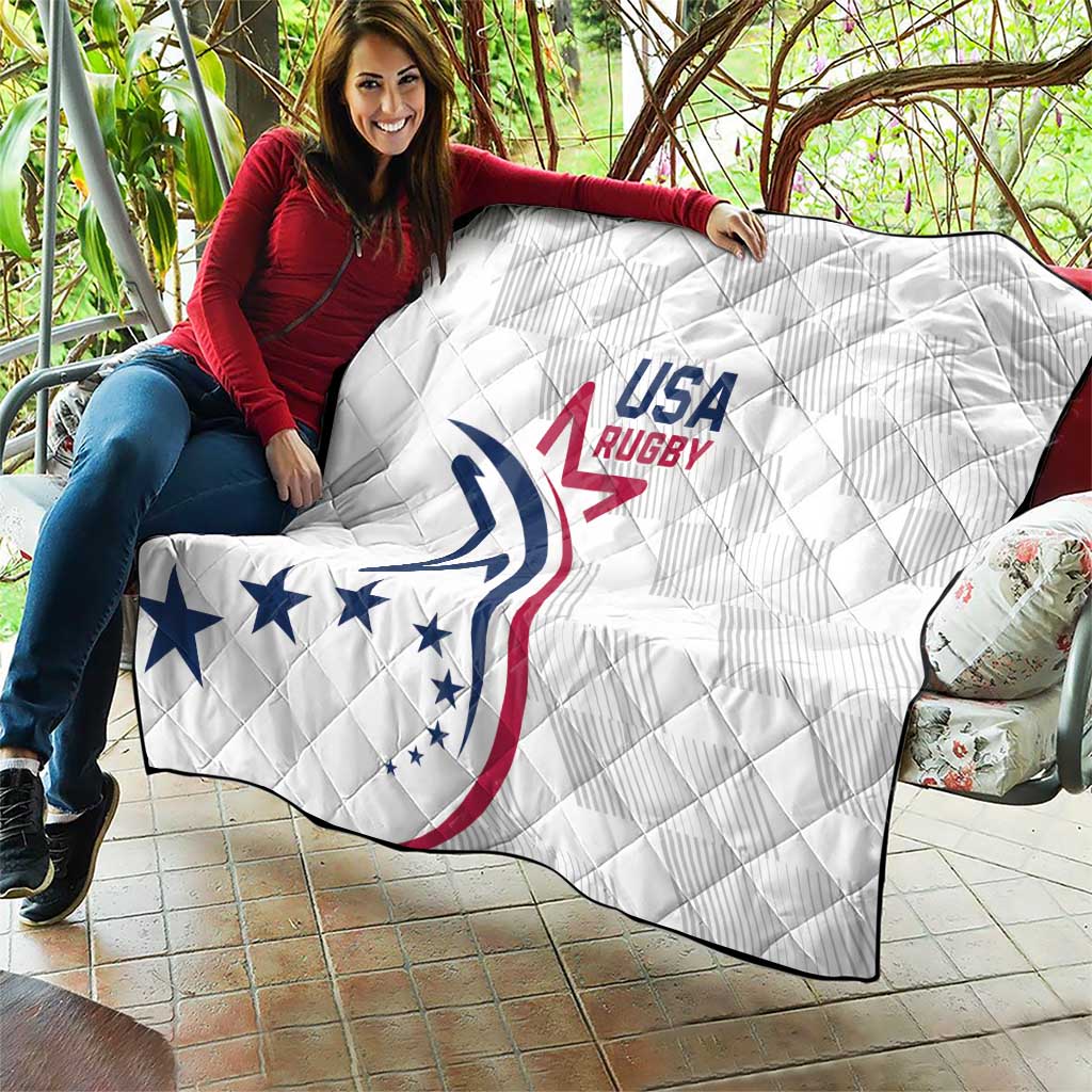 White USA Rugby quilt on patio, quilted texture with USA Rugby crest and dark trim