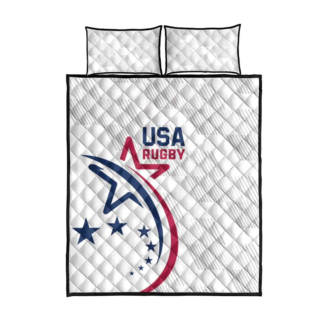 White quilt bed set with quilted diamond pattern, blue and red USA rugby graphic
