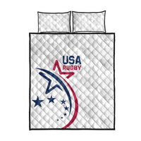 White quilt bed set with quilted diamond pattern, blue and red USA rugby graphic