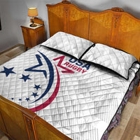 White USA rugby quilt bed set with blue and red emblem and two matching pillows