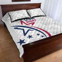 White quilt bed set with blue and red USA rugby emblem, quilted diamond texture