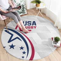 White USA Rugby round carpet with bold 'USA RUGBY' text and star-and-stripe graphic