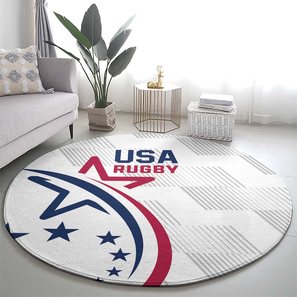 White USA Rugby round carpet in living room setting, with blue star logo and 'USA RUGBY'