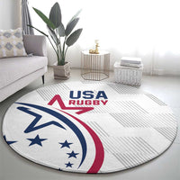 White USA Rugby round carpet in living room setting, with blue star logo and 'USA RUGBY'