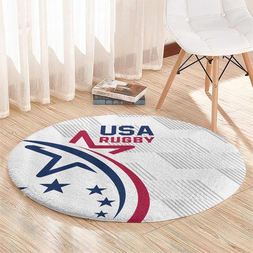 White USA Rugby round carpet featuring 'USA RUGBY' logo with blue stars and red stripes