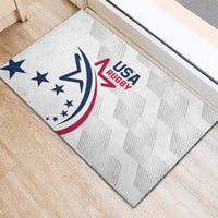 USA Rugby rubber doormat, white with USA Rugby emblem and stars, angled view