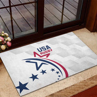 USA Rugby rubber doormat, white with USA Rugby crest, placed by doorway step
