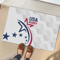 USA Rugby rubber doormat, white with USA Rugby emblem and stars, close front view