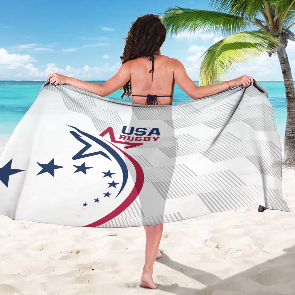 White USA rugby sarong towel with central logo, worn around shoulders