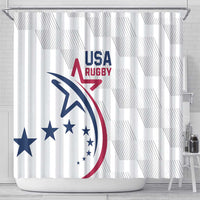 White shower curtain with USA Rugby emblem featuring stars and red-blue text