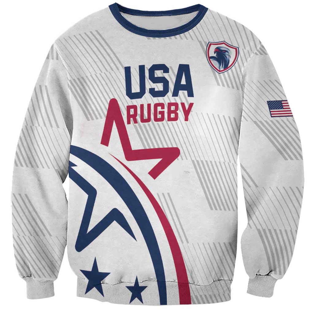 White rugby sweatshirt with USA graphic, eagle and shield front print