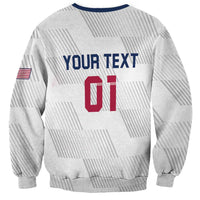 White rugby sweatshirt back with 'YOUR TEXT' and number 01, small flag patch