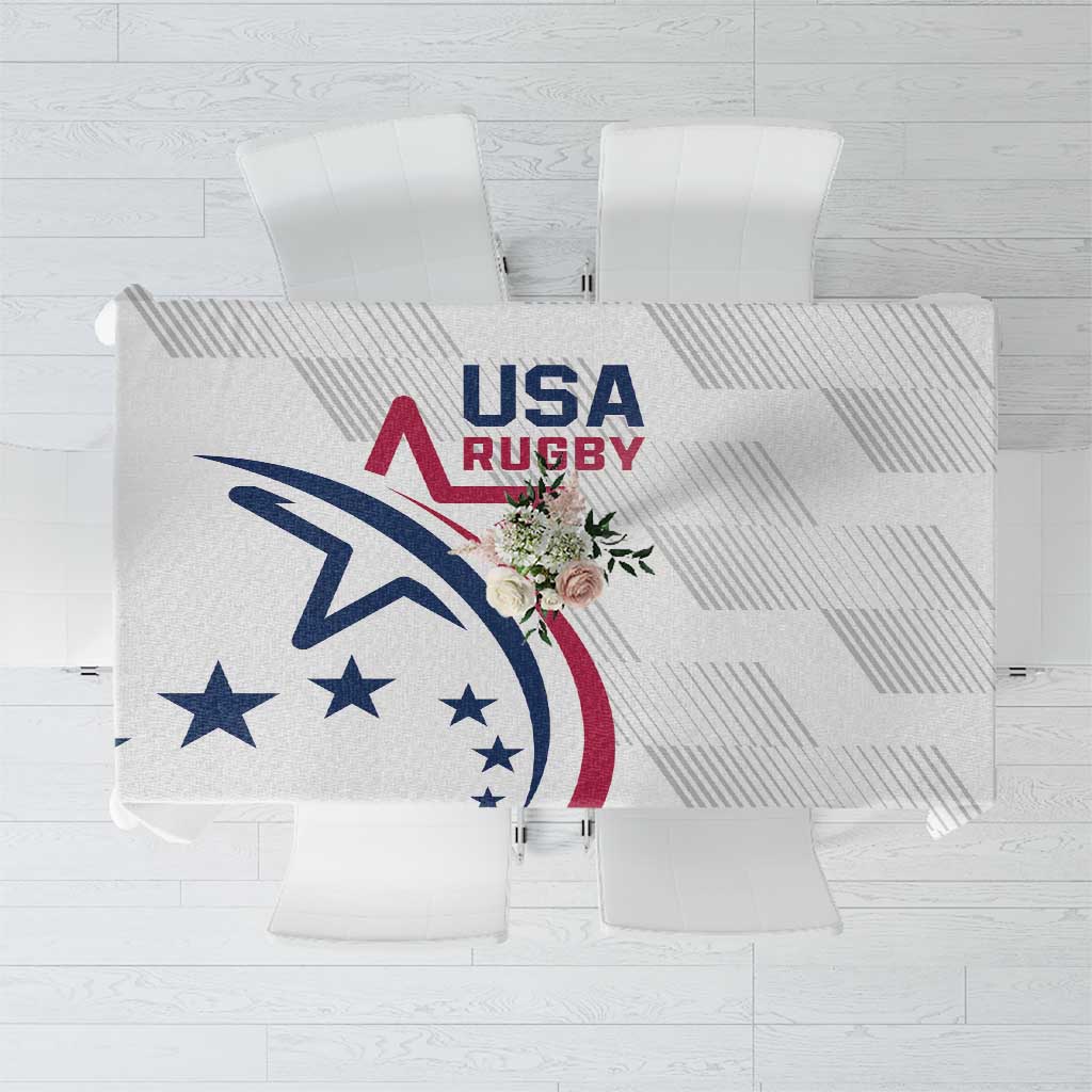 White rugby tablecloth with USA Rugby logo, eagle graphic, stars and striped pattern