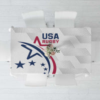 White rugby tablecloth with USA Rugby logo, eagle graphic, stars and striped pattern