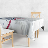 White USA rugby tablecloth with folded corner drop and blue red emblem on tabletop