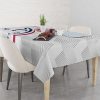 White rugby tablecloth with star and red ribbon graphic across the table surface