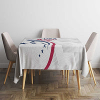 White rectangular rugby tablecloth with blue and red USA emblem and star accents