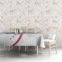 White rugby tablecloth with USA Rugby emblem and blue stars on the table front