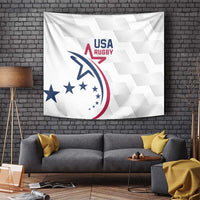 White USA Rugby tapestry with eagle emblem and stars, mounted on a brick wall