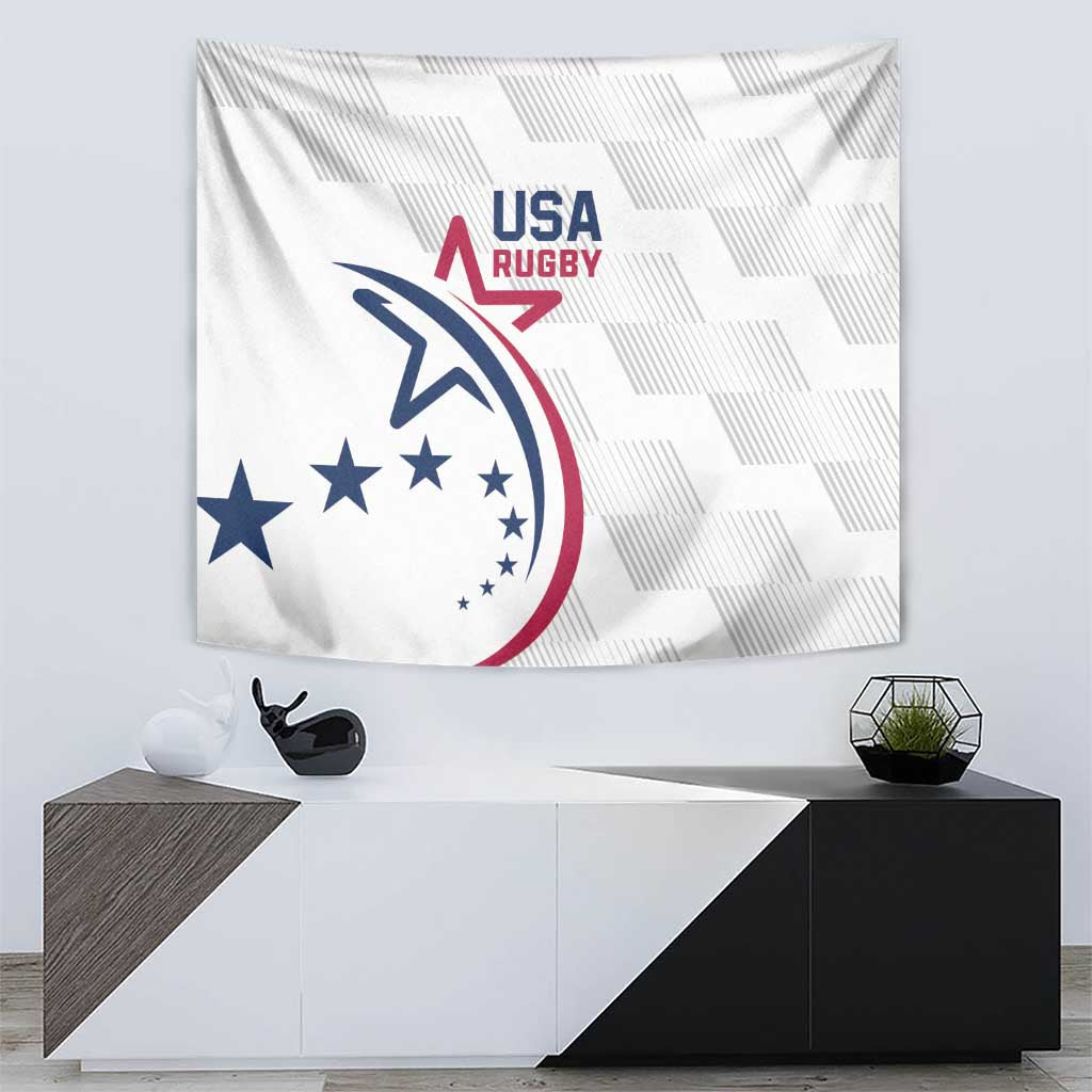 White USA Rugby tapestry with eagle emblem and stars, displayed above a sofa