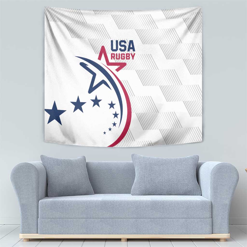 White USA Rugby tapestry with eagle emblem and stars, backdrop behind a couch