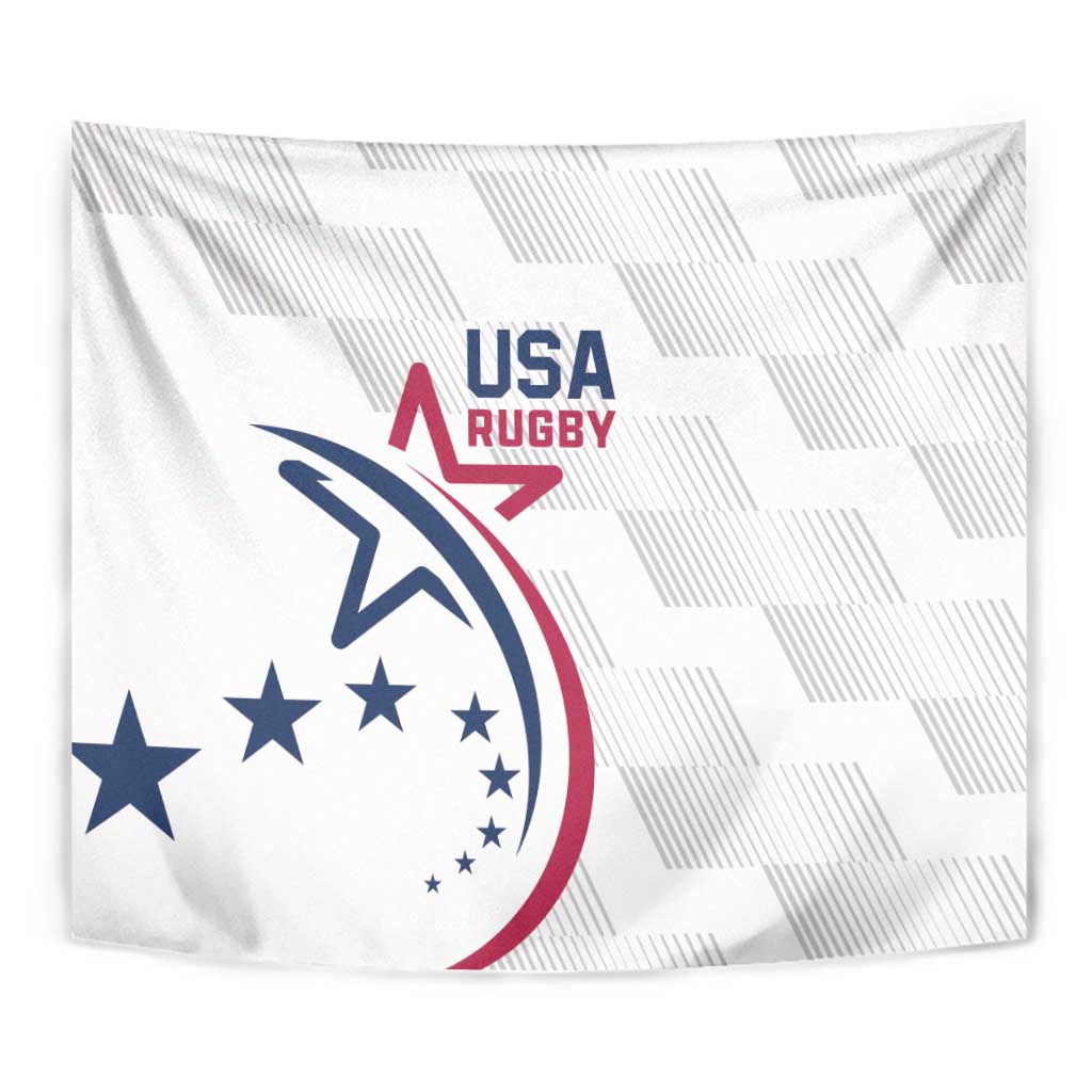White USA Rugby tapestry close-up with eagle emblem and stars on abstract pattern