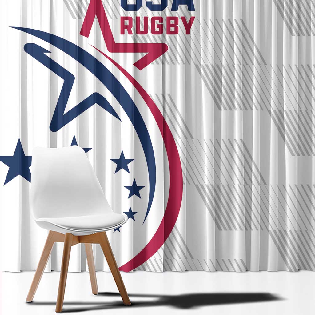White USA rugby window curtain close-up with eagle, stars, and red stripe graphic