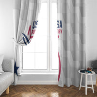 White USA rugby window curtain panels framing a window with eagle graphic on the sides