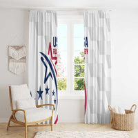 White USA rugby window curtain pair with eagle and stars graphic in a bright living room
