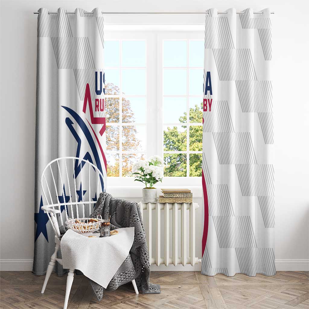 White USA rugby window curtain panels with large eagle and stars graphic beside a table