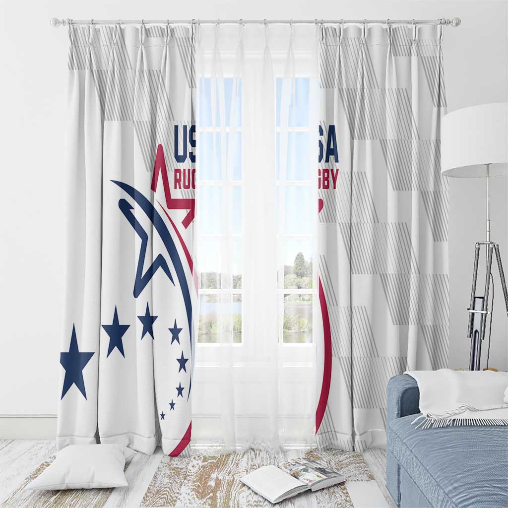 White USA rugby window curtain set with eagle and stars graphic over a bed area