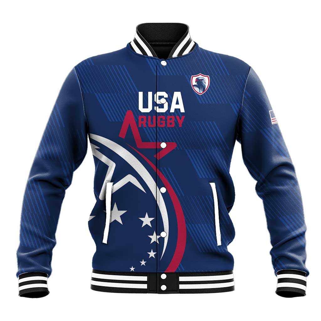 Blue USA Rugby varsity baseball jacket with front zipper, striped collar, chest logo graphic