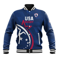 Blue USA Rugby varsity baseball jacket with front zipper, striped collar, chest logo graphic