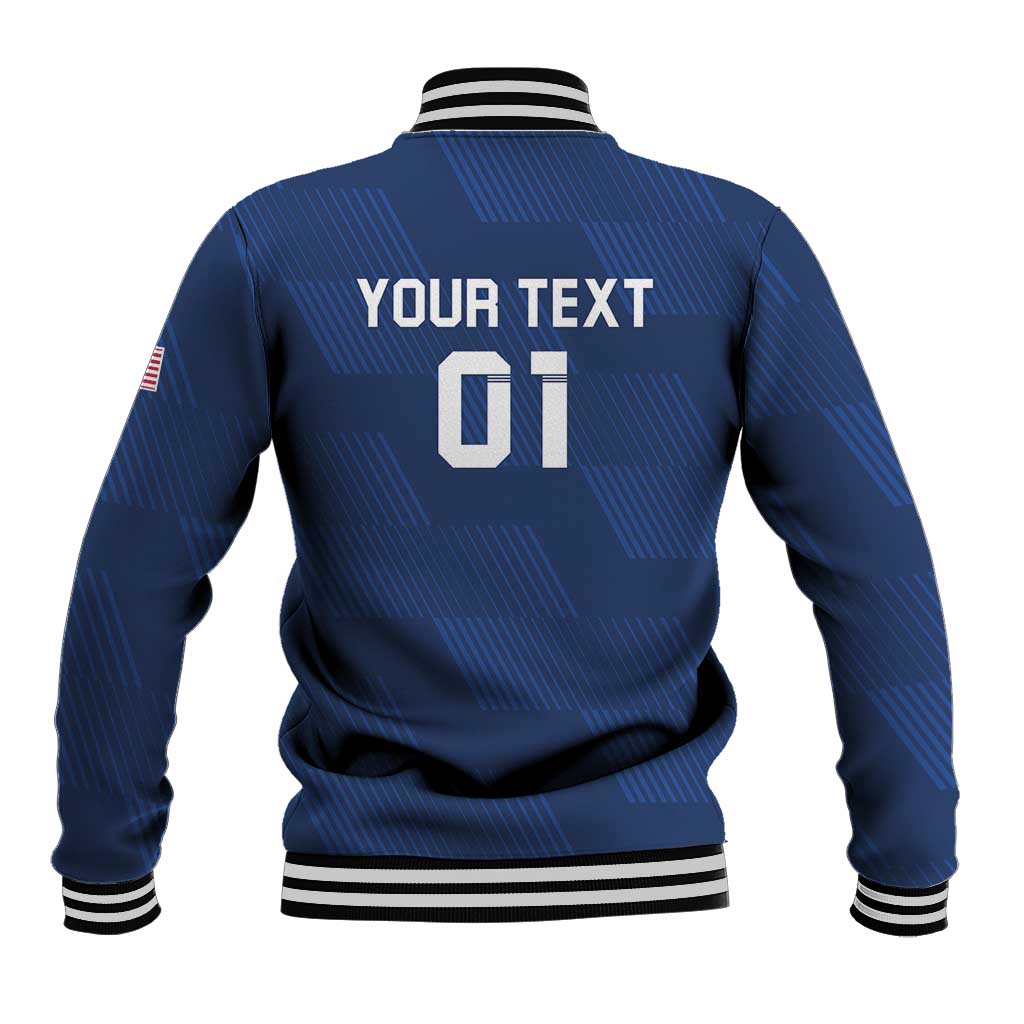 Blue baseball jacket back with number print 01, striped ribbed collar and cuffs