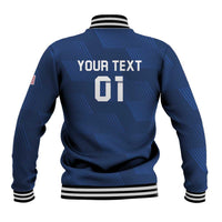 Blue baseball jacket back with number print 01, striped ribbed collar and cuffs