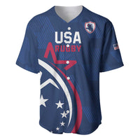 Blue USA rugby baseball jersey with button front, crest, and flag graphic
