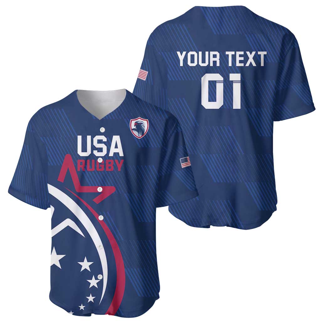 Blue rugby baseball jersey set: front USA crest and large flag, back number 01