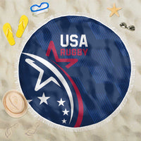 USA Rugby blue round beach blanket with white fringe border and shield logo design