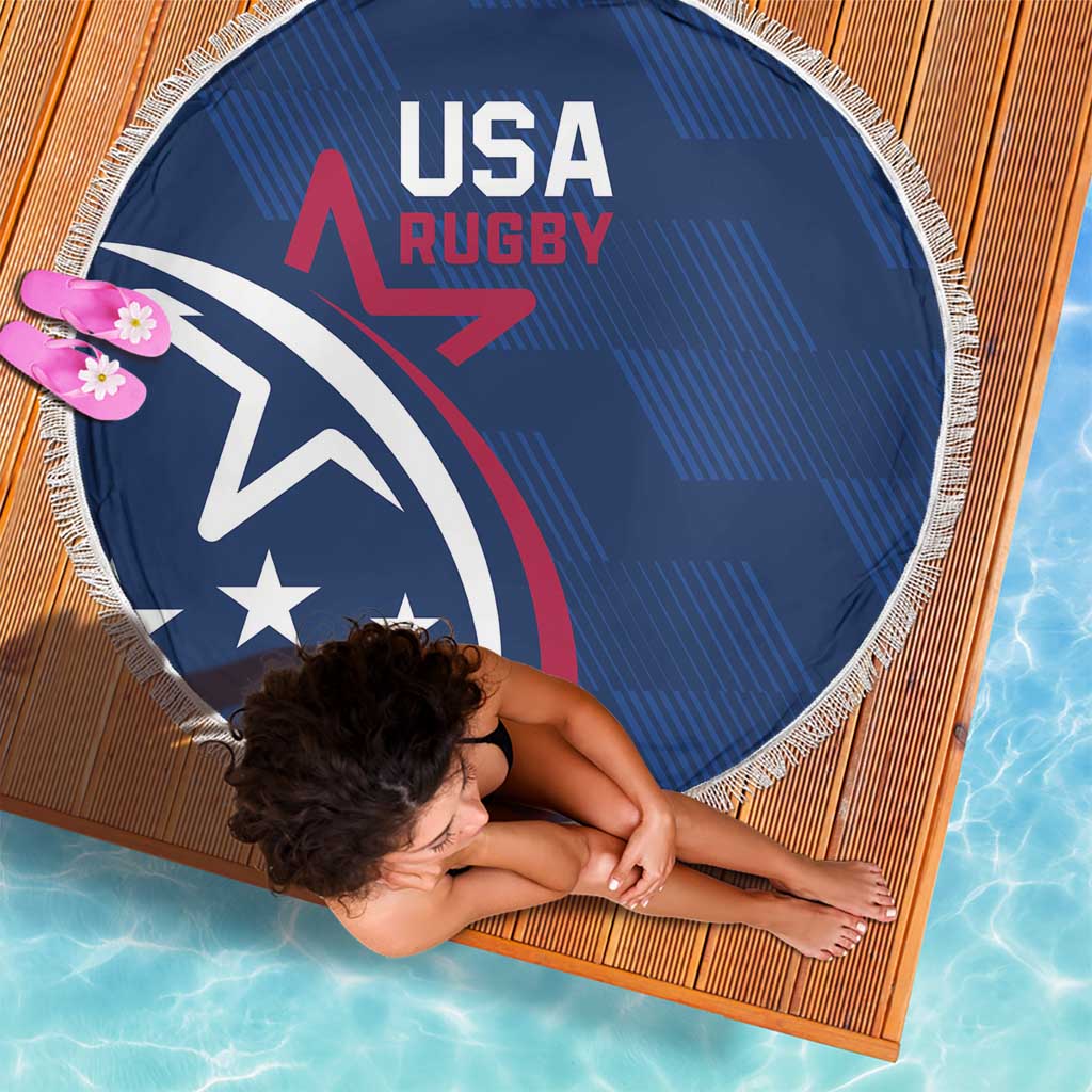 USA Rugby blue round beach blanket with fringe edge, shield graphic and USA Rugby lettering