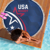 USA Rugby blue round beach blanket with fringe edge, shield graphic and USA Rugby lettering