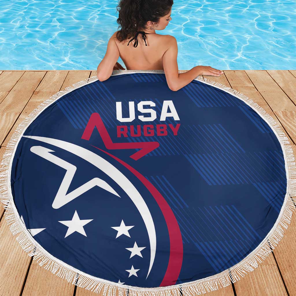 USA Rugby blue round beach blanket with fringe edge and shield logo center