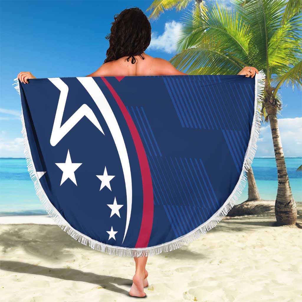 USA Rugby blue round beach blanket with white star and shield graphic, fringed edge