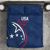 Blue USA rugby bedding set viewed from above with duvet and two pillowcases, star crest