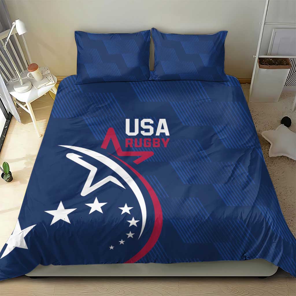 Blue USA rugby duvet cover set with two matching pillowcases, star crest and text print