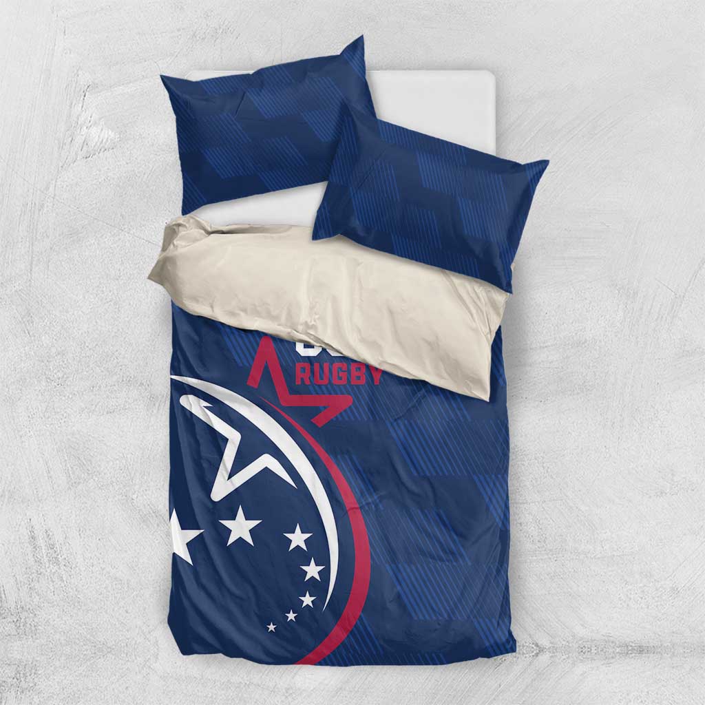 Blue USA rugby bedding set with duvet and two pillowcases, star crest graphic on top