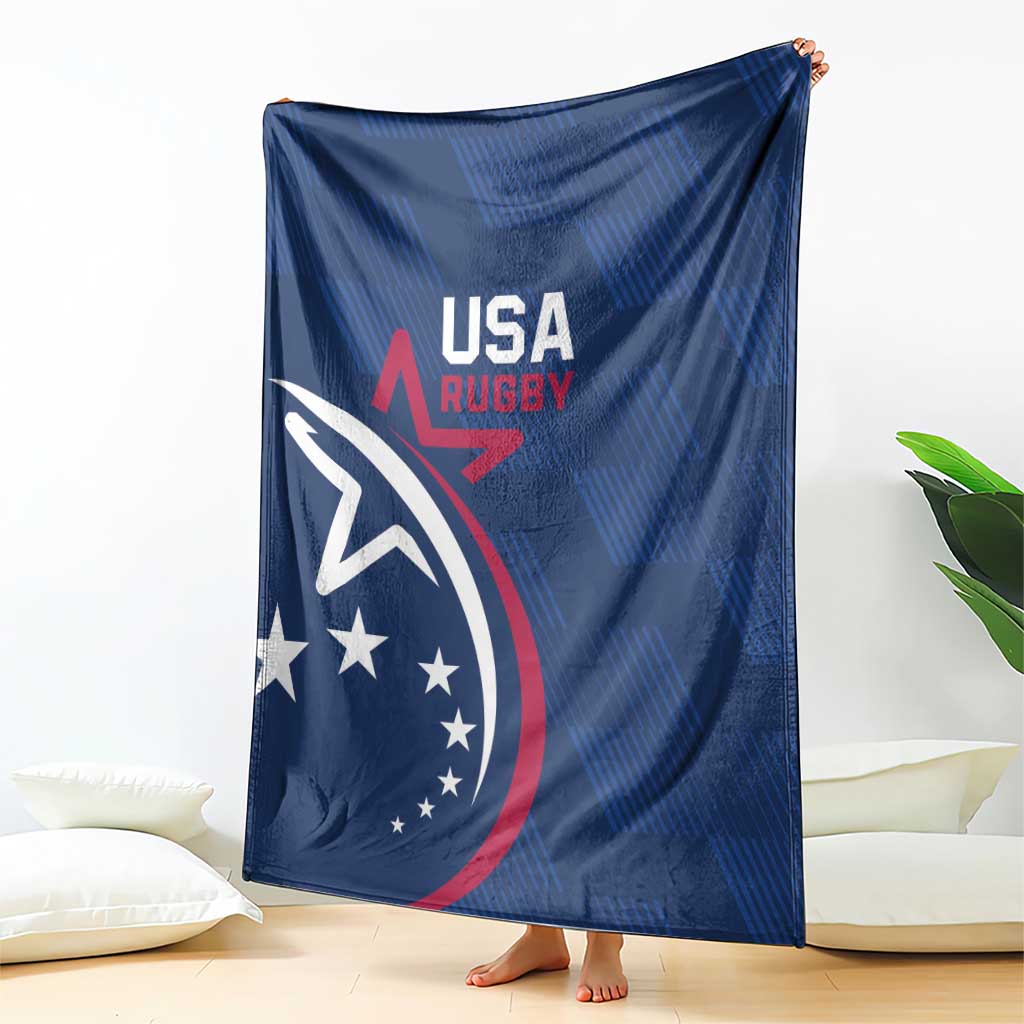 Blue USA Rugby blanket shown upright, featuring eagle, red stripe, and star emblem.